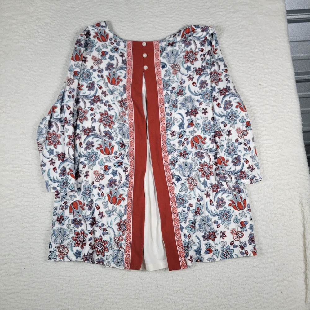 J. Jill Wearever Tunic Top Women L Petite Blue Rust Floral Paisley Split Back - Picture 7 of 11